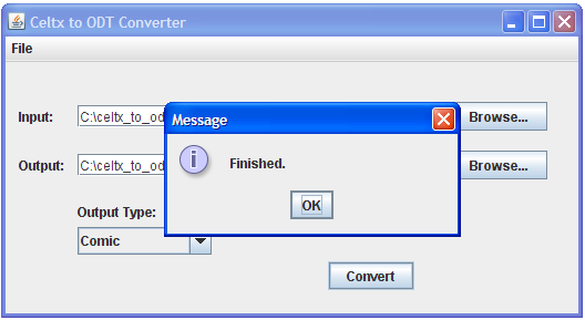 Application showing finished dialog