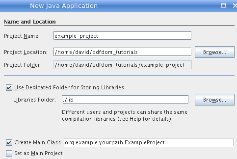 Dialog setting folder and main class for Java Application