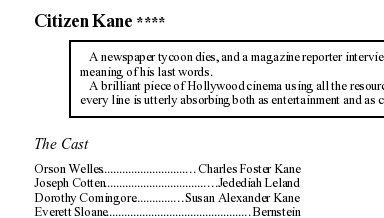 Word processing document showing title, synopsis, and cast of Citizen Kane