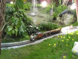 Toy train going through garden exhibit