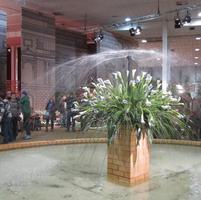 Fountain with display of long-stemmed white and blue flowers in center
