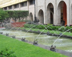 fountain with frog sculptures spraying water