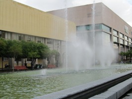 large rectangular pool with fountain