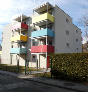 apartment building with colorful balconies