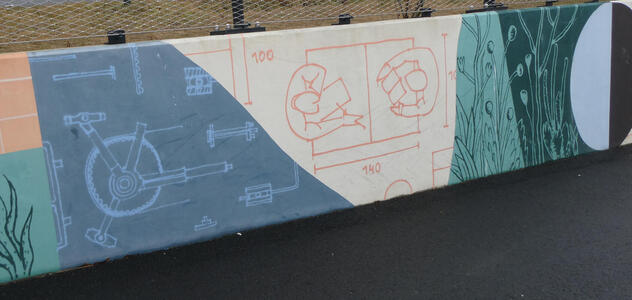 schematic drawing and drawing of two men at a conference table