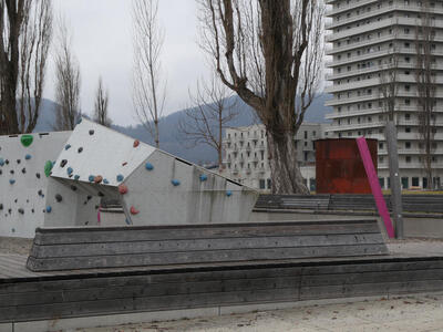 park building with colored 3d dots