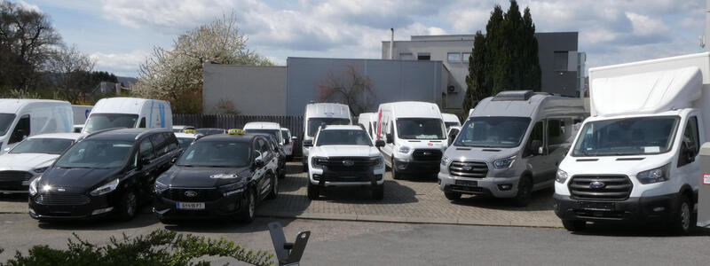 Row of Ford cars at dealership.
