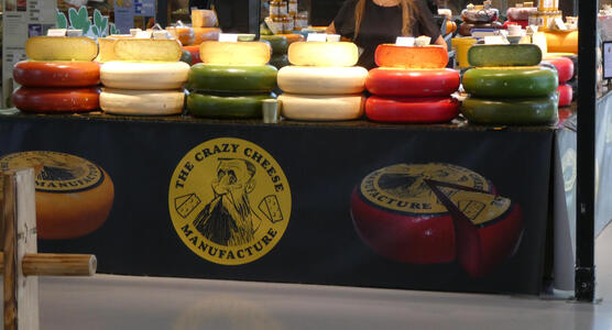 Display of large multi-colored cheese wheels from the Crazy Cheese Manufacture