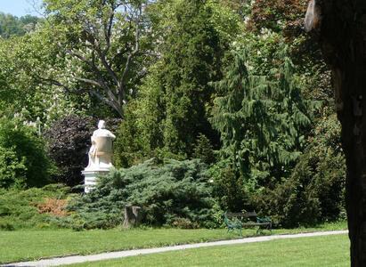 View of park with tree trunk in foreground and marble statue of seated person in background.