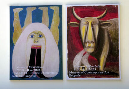 Two posters for “Future of Melancholia“, one showing a woman and the other a bull’s head.