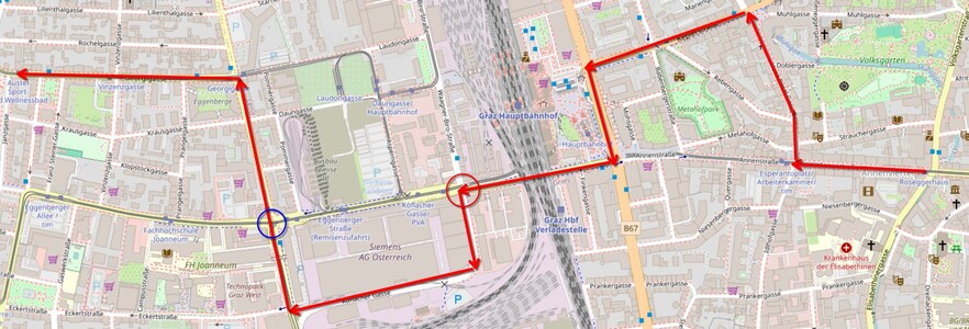Map of E1 bus line from Rosseggerhaus to Auster Sport und Wellness.