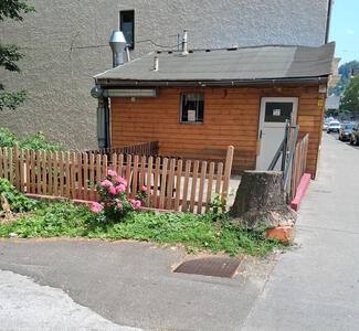 small cabin with flowers in front