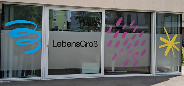 Four windows. First and last two have abstract symbols for wind, rain, and sun. Second window has name LebensGroß