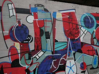 abstract with mostly blue and red