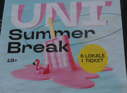 Poster with a pink popsicle melting, afloat on the puddle is a pink flamingo.