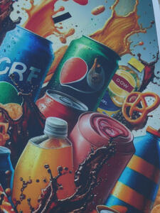 Deformed soda cans; half-circular, half-rectangular bottle. Deformed Pepsi logo on a soda can. A bottle of iced tea labeled DOW.