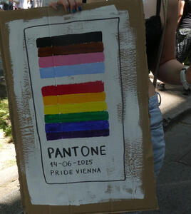 Poster with horizontal LGBTQ+ stripes, labeled PANTONE 14-06-2025 Pride Vienna