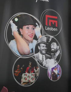 Poster at Leoben Stadttheater. One of the pictures shows British comedian Terry-Thomas and US comedian Red Skelton.