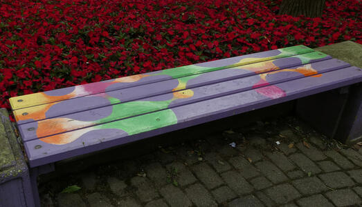 Bench with multi-colored irregular blotches; behind bench is a bed of red flowers