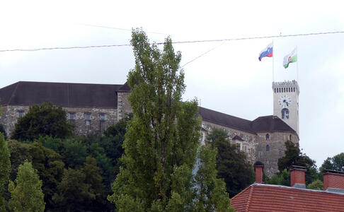 Castle atop hill with flag on castle tower