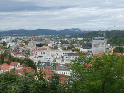 View of mostly modern city buildings from top of hill