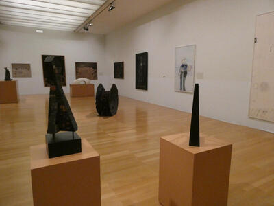 room with various abstract sculptures