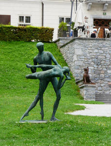 Bronze sculpture of two people dancing