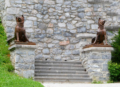 Bronze statues of dogs at sides of a staircase. Stone wall in background.
