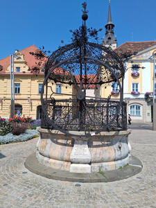 Well at Hauptplatz, covered with a wrought iron dome with many open spaces in the iron