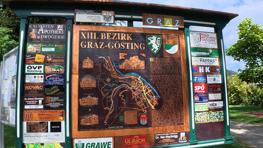 Large wooden-carved map of district 13, Graz Gösting