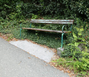 Weathered park bench with peeling paint