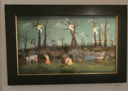 Two women collecting wood from trees being chopped by three men in the trees with axes. At left, a ow At right, a peacock.