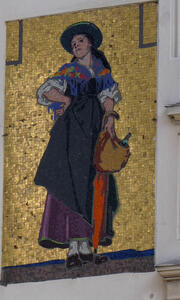 Mosaic of woman in long purple dress, carrying a folded orange umbrella and a bag of groceries