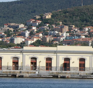 Harbor in foreground. In background, hills with houses on them.