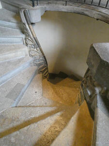 View down stairs at the joining point of the spiral.