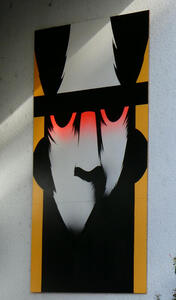 Large face with red eyes and heavy shadowing of features