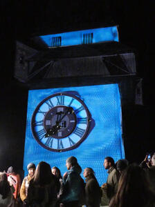 Uhrturm with projected grainy blue abstract art
