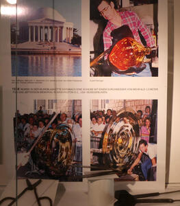 Poster showing Jefferson Memorial and pictures of an artisan producing the disc.
