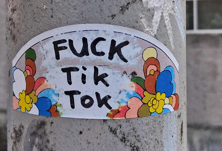Sticker with line-drawn colorful flowers on the side. In the center, the words FUCK Tik Tok