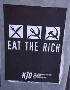 Three-panel drawing of a fork and knife transforming into hammer and sickle. Text: Eat the rich