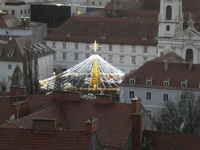 Canopy of lights above Christmas tree