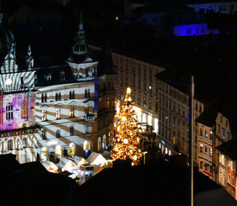 Christmas tree in center; at left, Congress center with art projected onto it.