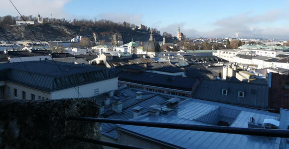 City view from terrace; in center the dome of a church