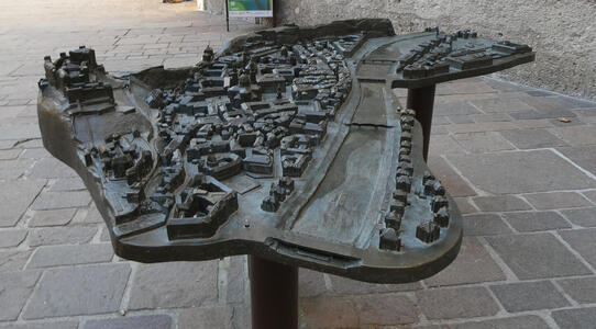 Metal model of Altstadt Salzburg with braille annotation