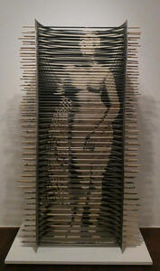 When viewed from front, rods form the painting of a nude woman in classical style