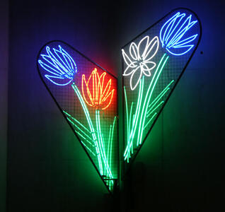 Neon light piece with four flowers in blue, red, and white.