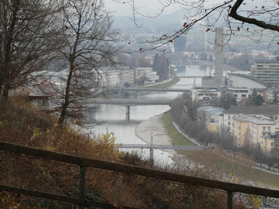 View of Salzach river with four bridges crossing from left to right