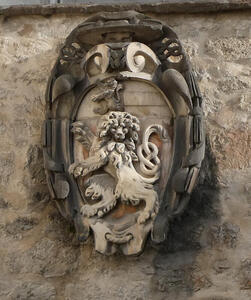 Carving of shield showing lion standing on its hind legs.