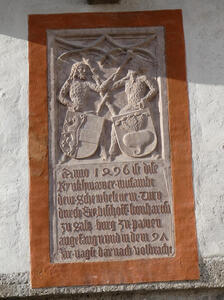 Plaque with date 1496 in very old style digits; the 4 looks like a loop.