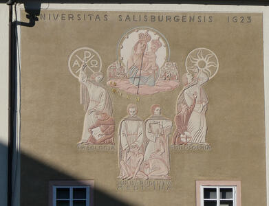 Wall of University of Salzburg building, with pictures labeled Theology, Jurisprudence, Medicine, and Philosophy.